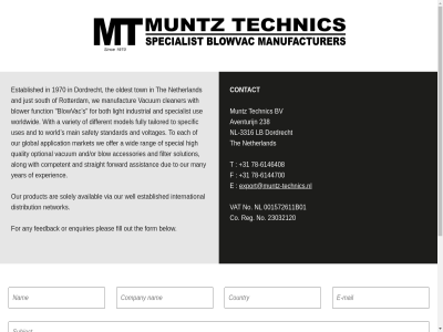 +31 -3316 -6144700 -6146408 001572611b01 23032120 238 78 any are availabl aventurijn below bv co contact distribution dordrecht e enquiries established export@muntz-technics.nl f feedback fill for form international lb muntz netherland network nl no or our out pleas product reg send solely t technic the vat via well