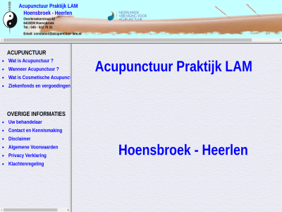 62 6433em acupunctur algemen behandelar constance@acupunctuur-lam.nl contact cosmetisch disclaimer email heerl hoensbroek informaties kennismak klachtenregel lam over overbroekerstrat praktijk privacy vergoed verklar voorwaard wanner ziekenfond
