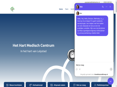 -220102 /disclaimer-en-privacyverklaring-chatbot-bibi/ 01008178 0320 3 8224 aanwijz afsprak agb all assistente@hethartmc.nl bibi bonjour bs centrum contact copyright disclaimer gef gemaakt gezond goed goedgezondgroep.nl goedgezondgroep.nl/disclaimer-en-privacyverklaring-chatbot-bibi/ groep hallo hart hej hello help herhaalrecept hom huisart inschrijv kijk klachtenregel lelystad mak mc medisch meenthoek merhaba mogelijk nieuw onderdel patientenportal praktijk privacyverklar regel reserved right stel team vertell vrag مرحبًا