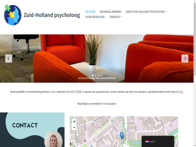 -2 -2026 -6 113 22 5 algemen bedrijv behandelaanbod beleid contact dutch eerst ga gemaakt geschillenregel geslot geval gz gz-psycholog holland hom huisart hulp i.v.m informatie inhoud klacht klachtenreglement kwaliteitsstatut leaflet maand mogelijk momentel nem nev onz openstreetmap praktijk privacy psycholog spoed/crisis spoedeis t/m tariev vakantie volwassen voorwaard wachtlijst welkom wordpres zuid zuid-holland