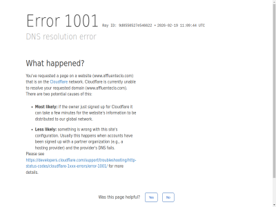 -02 -19 /support/troubleshooting/http-status-codes/cloudflare-1xxx-errors/error-1001/ 09 1001 11 2026 44 9d0550527e546622 a account and are be ben by can causes click cloudflar configuration currently detail developers.cloudflare.com developers.cloudflare.com/support/troubleshooting/http-status-codes/cloudflare-1xxx-errors/error-1001/ distributed dns domain e.g error fail few for global happen happened hav helpful hosting id if information ip it just les likely minutes mor most network no on organization our owner pag partner performanc pleas potential provider ray requested resolution resolv reveal s security see signed sit someth tak that the ther this to two unabl up usually utc ve websit what when with wrong www.affluenteclo.com yes you your
