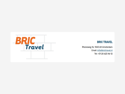 +31 1043 12 16 20 46 623 ah amsterdam bric company email info@brictravel.nl landing pag rhoneweg tel travel