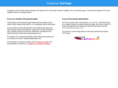 /etc/httpd/conf.d/welcome.conf /var/www/html a add administrator after and apach appropriat are at availabl being below ben by can cloudlinux content directed directory do documentation domain e e-mail either ever exampl expected experienc experienced fact fil follow for free from general has http if imag indicates information installed instead instruction it just know let lik mail maintenanc may mean member nam not now on operation or pag peopl person pleas powered prevent problem proper properly public reach read routin s see seeing sen send sent server should sit sites so test that the them this to undergo until use used ve visit visited web webmaster webmaster@example.com websit whil will working would www.example.com you your