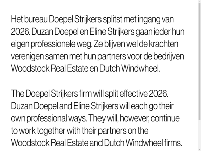 2026 and architect bedrijv blijv bureau continue doepel dutch duzan each effectiv eig elin estat firm gan go however ieder ingang kracht on own partner professional professionel real sam split splitst strijker the their they to together veren way weg wel will windwhel with woodstock work