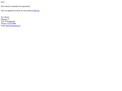 0228 1616 37 564800 e e-mail hoogkarspel info@taxsoftware.nl klik mail majoran momentel onz operationel overzicht product sorry telefon tp uitgebreid websit
